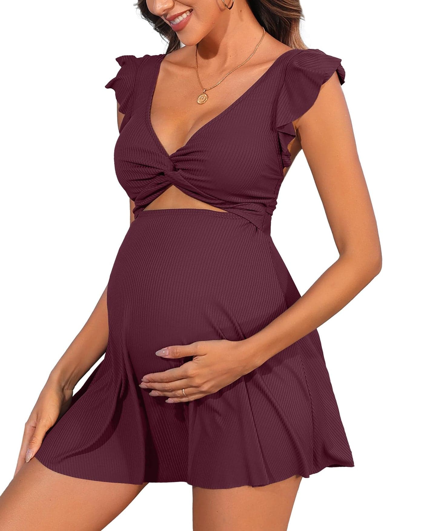 Charmo Ribbed Maternity Bathing Suit V Neck Push up One Piece Pregnancy Swimsuit Ruffle Swimdress for Women Swimwear Dark Red M