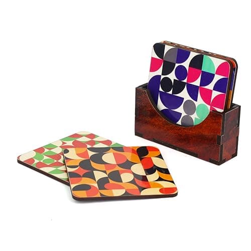 Zepdos Wooden Geometric Print Chai Coasters with Wooden Stand | Funny Chai Quotes Round Drink Coasters | Heat Resistant Tea & Coffee Coasters for Table, Office & Home Decor (Set of 6)
