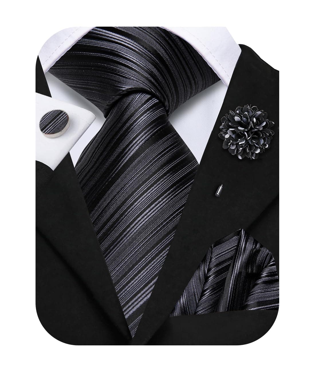 HiTie Black Zipper Ties for Men Striped Adjustable PreTied Necktie Lapel Pin Pocket Square Cufflinks Set