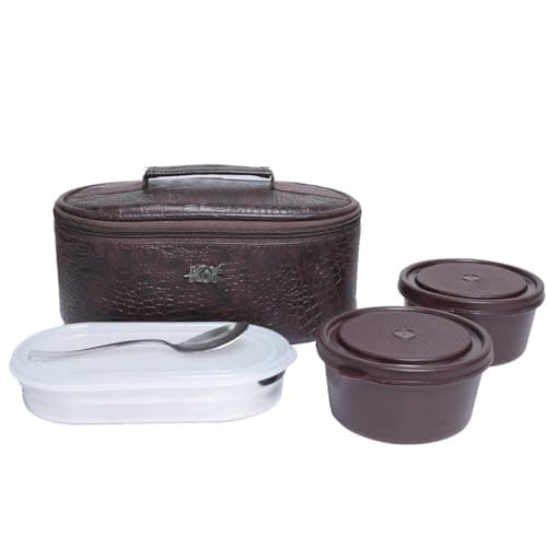 KOI TiffinPro Stainless Steel Tiffen Box for Office Set | Microwave Safe & Leakproof | Office Lunch Box | Insulated Bag, 2 Containers 450ml, Oval Container 400ml & Stainless Steel Spoon | Brown Croko