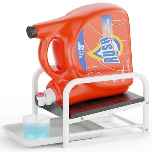 PAPAGIFTREE Laundry Detergent Holder Liquid Laundry Detergent Riser and Stand, Liquid Detergent Holder with Drip Tray for Laundry Room Organization (Tilted-Black Wood)