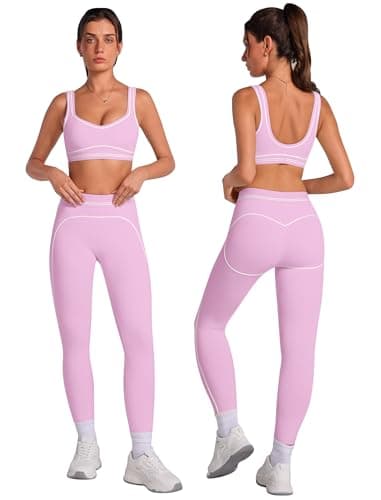 ABOCIW 2 Piece Workout Sets for Women Contouring Contrast Stitching U Back Sports Bra High Waist Leggings Yoga Pilates Outfits Athletic Gym Sets Activewear Pink Small