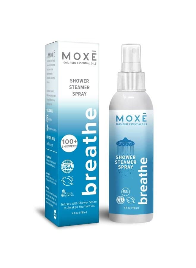 MOXĒ Breathe in-Shower Aromatherapy Mist, 4 Ounces, 100% Essential Oils Sinus Steam Spray, Congestion Relief, Invigorating Plant Based Blend, Peppermint & Eucalyptus Oil, Made in USA