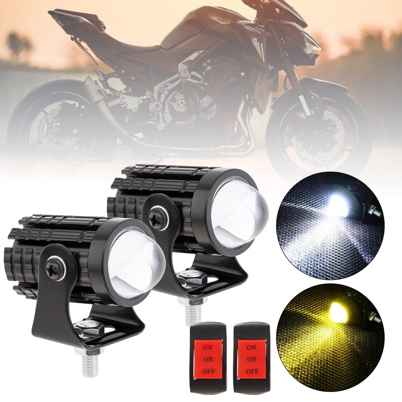Windance 2pcs 32W LED Motorcycle Headlight with Switch Yellow White Dual Color HiLo Beam for Motorcycle 2400LM 3000K 6000K Crash Bar Front Fork Spotlight