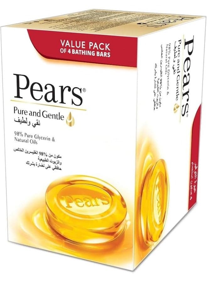 Pears Pure & Gentle Bar Soap with 100% Natural Ingredients & Glycerin for Soft & Glowing Skin, Paraben-Free Moisturising Soap With Mild Fragrance, Dermatologically Tested & Eco-Friendly (Pack of 4)