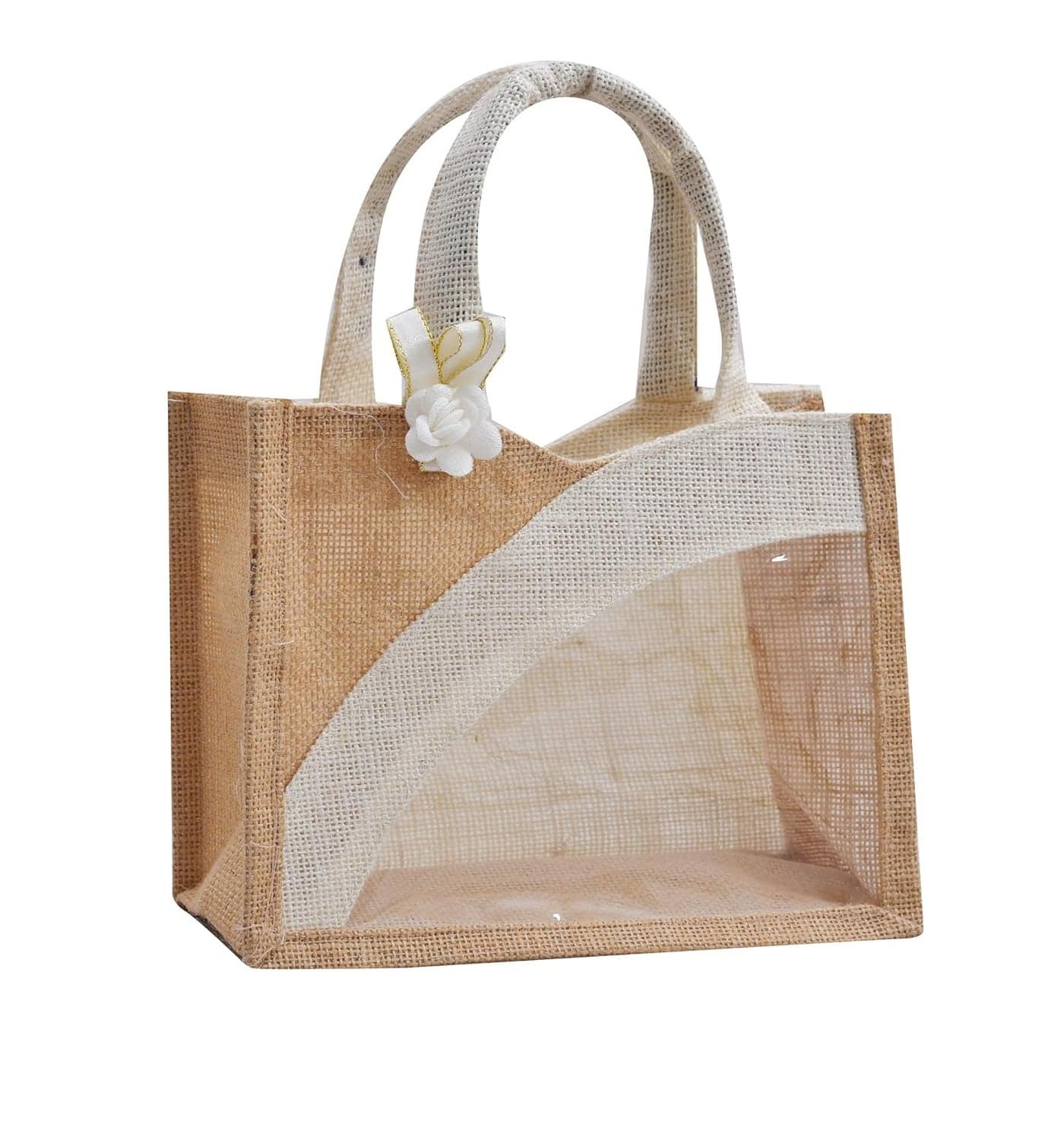 Jute Gift Bag with White Rose Accent TwoTone Natural and White Design Clear Window Panel without Jars 12