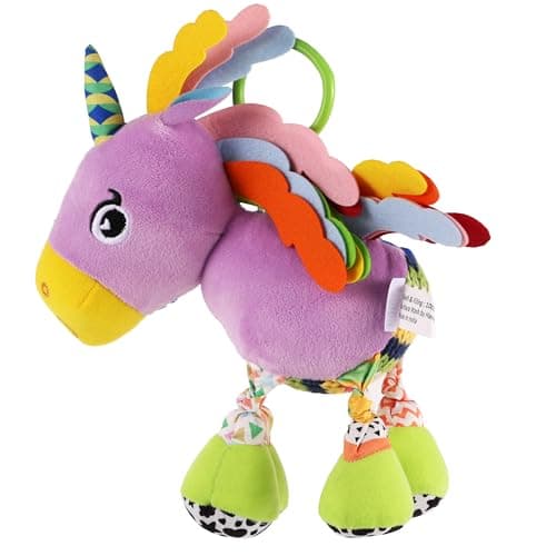Nuluv Sparkly Unicorn Baby Toy with Rattle, Crinkle Wings and Star Rings, Soft Sensory Plush Toy for Playtime Fun, Lightweight and Portable, Non-Toxic, BPA-Free for Kids 3+ Months