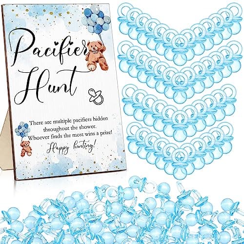 Roowest 51 Pcs Pacifier Hunt BabyShower Games Include Wooden Hunt Sign and 50 Acrylic Mini Plastic Pacifiers for BabyShower Game Decoration Gift Sets Gender Reveal Party(Bear,Blue)