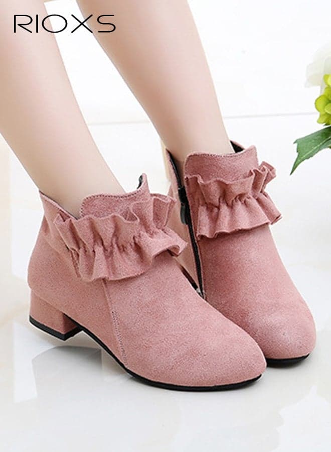 Girls' Boots, Fashion Ruffled Ankle Boots for Girls, Low Chunky Heel Booties with Side Zipper, Sweet Dress Booties for Kids Girls, Lightweight Anti-slip Low-top Boot, Princess Boots Flower Girls' Shoes for Part/ Prom/ Performance/ Birthday/ Travel, Pink Suede Booties for Toddler/Little Kids