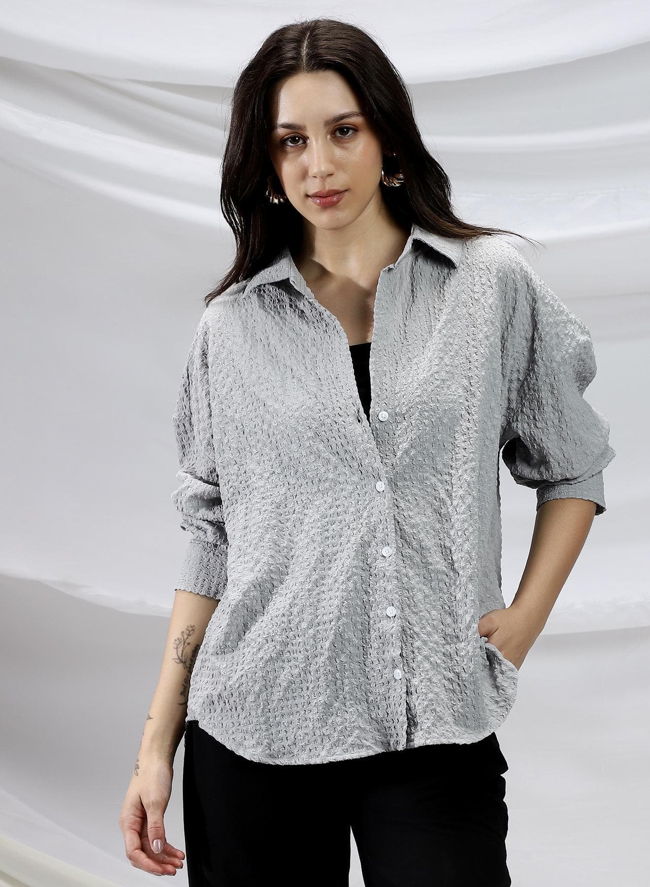 Women's Moon Grey Cubic-Seersucker Relaxed Shirt