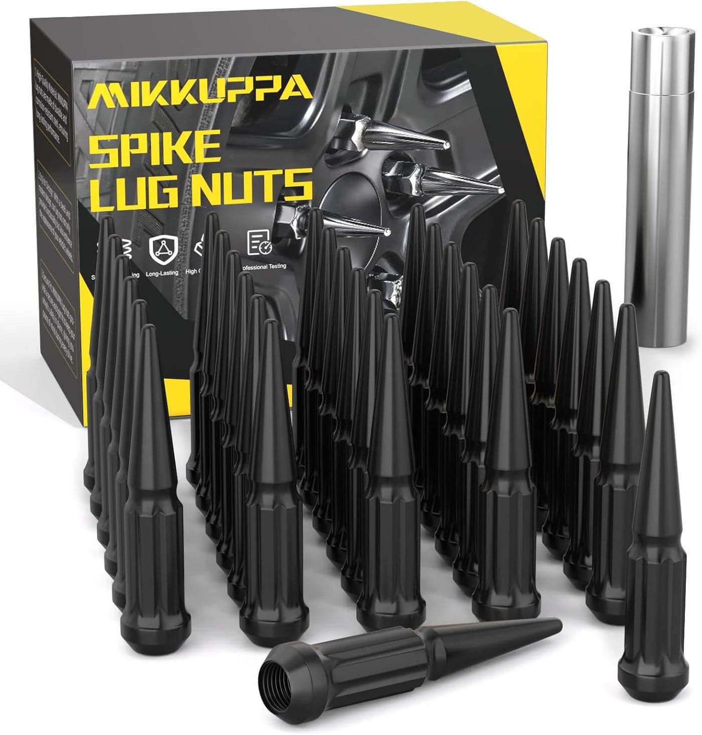 MIKKUPPA M14x1.5 Wheel Spike Black Lug Nuts - 32pcs Acorn Lug Nut Set with Socket Key