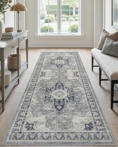 DEXI Hallway Washable Runner Rug 3x7, Vintage Soft Thin Kitchen Runner with Non Slip Backing, Farmhouse Entryway Floor Rug, Stain Resistant Distressed Carpet for Bedroom Living Room, Blue Grey