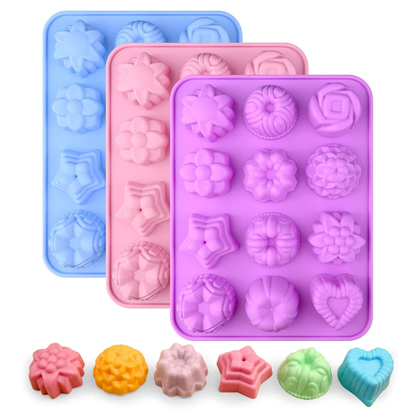 Sakolla 3 Pack Flower Soap Molds 12 Cavities Different Shapes Silicone Molds for Soap Lotion Bar Bath Bombs Chocolate Candy