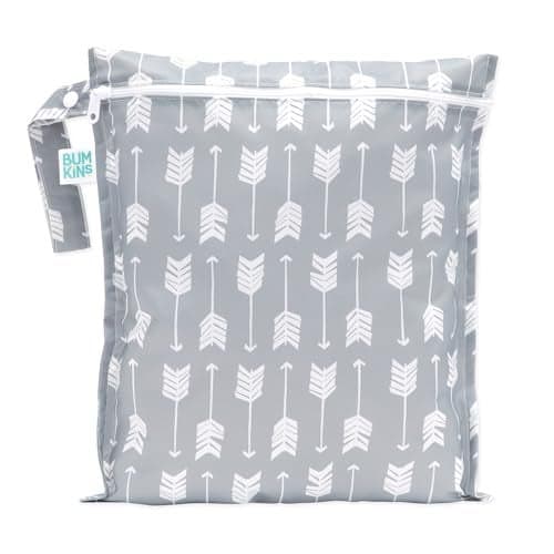 Bumkins Waterproof Wet Bag for Baby Travel Swim Suit Cloth Diapers Pump Parts Pool Beach Gym Clothes Toiletry Hook to Stroller Daycare Zipper Reusable Wetdry Packing Pouch Gray Arrows