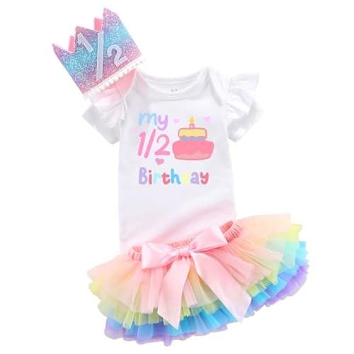 AXAZZNI Halfway to one Happy baby girl half birthday sweet 12 year birthday Girls outfit white bodysuit rainbow tutu 6 Months