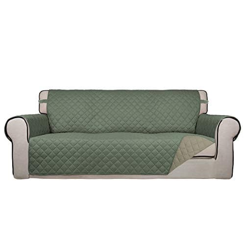 PureFit Reversible Quilted Sofa Cover, Water Resistant Slipcover Furniture Protector, Washable Couch Cover with Non Slip and Elastic Straps for Kids, Pets (Oversized Sofa, Greyish Green/Beige)