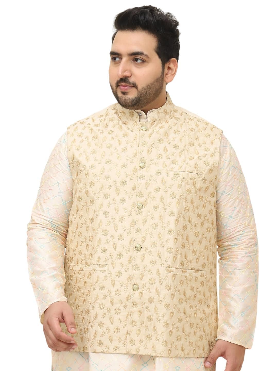SOJANYA Plus (Since 1958), Mens Silk Blend Beige & Gold Embroidered Nehru Jacket