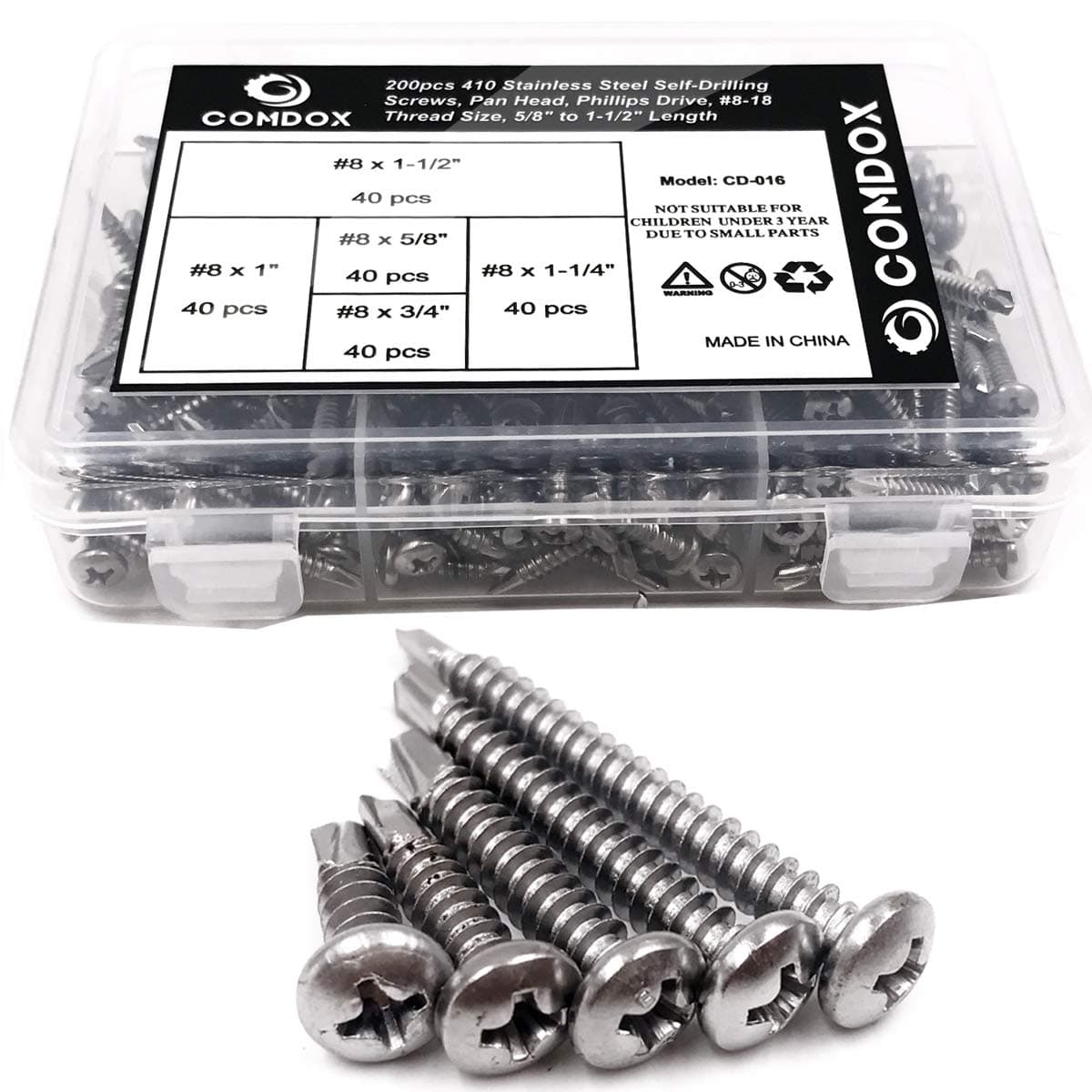 Comdox 410 Stainless Steel Self Drilling Screws Kit Set Pan Head Phillips Sheet Metal Tek Screws Assortment Kit Modified Truss Head 818 Thread Size 58 to 112 Length Pack of 200