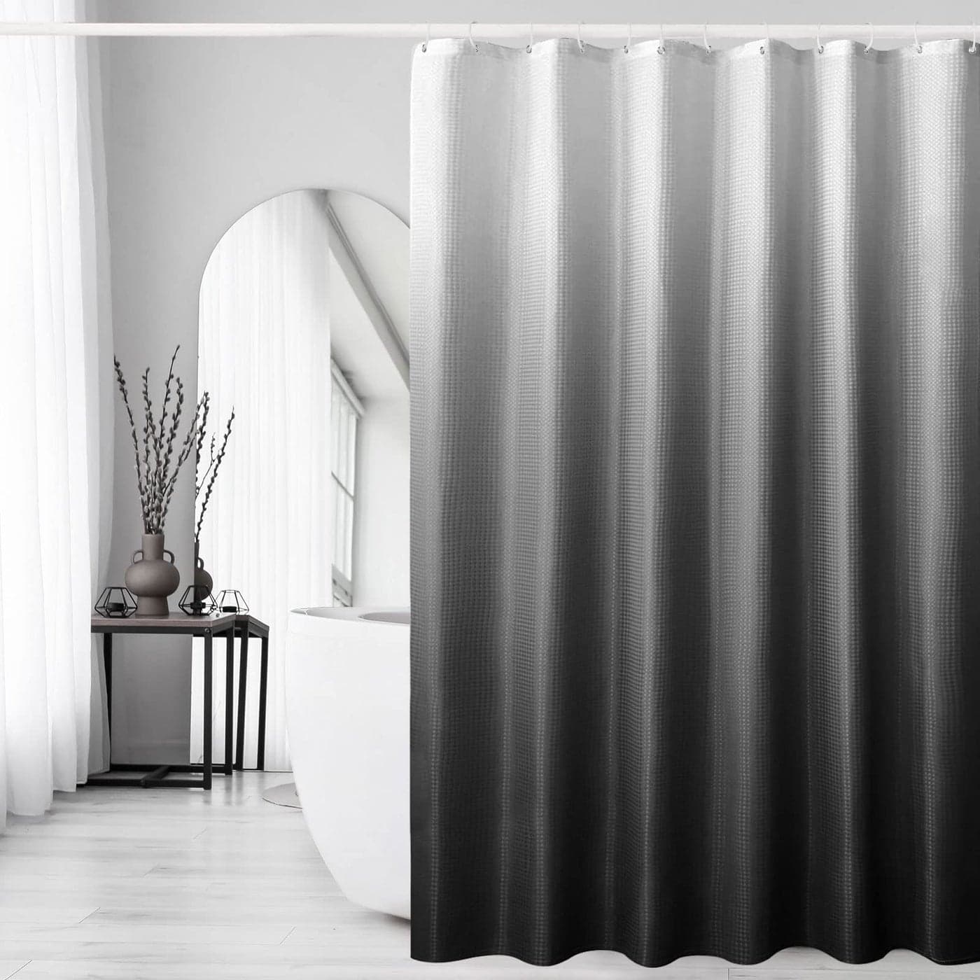 Gibelle Black Shower Curtain Waffle Weave Ombre Fabric Shower Curtain for Bathroom Black and White Gradual Color Washable Cloth Bathroom Curtains Shower Set with Hooks 72 x 72
