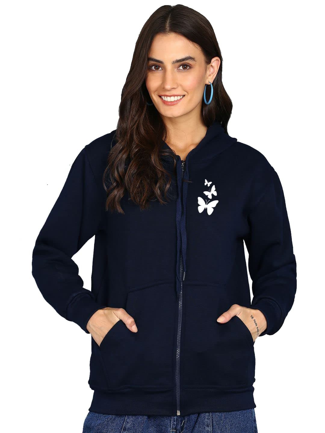 Faltu.co Women's Butterfly Printed Zipper Hooded Sweatshirt | Front Zip, Ribbed Hem, Lined Hood, Casual Winter Wear Jacket, Pure Cotton Hoodies Soft, Lightweight, Warm & Stylish Kangaroo Pocket