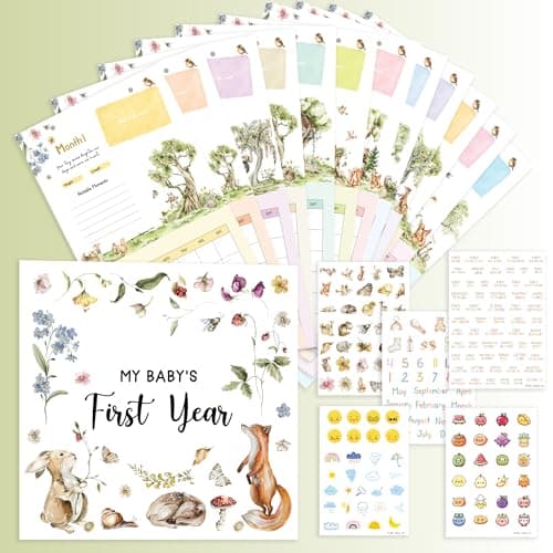 WOODAMORE Baby Calendar First Year with Stickers Wildflower Baby First Year Memory Book Babies Milestone Calendar Tracker Babies 1st Book Keepsake for Newborn Girl