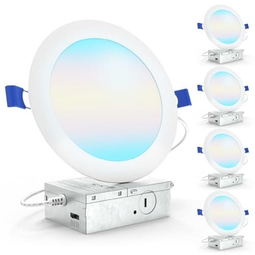 Sunco 6 Inch LED Recessed Light, Canless Ceiling Lights Slim with Junction Box, 1200 LM, 14W (100W Equivalent), Selectable CCT 2700K/3000K/4000K/5000K/6000K, Dimmable, Wafer Thin ETL 4 Pack