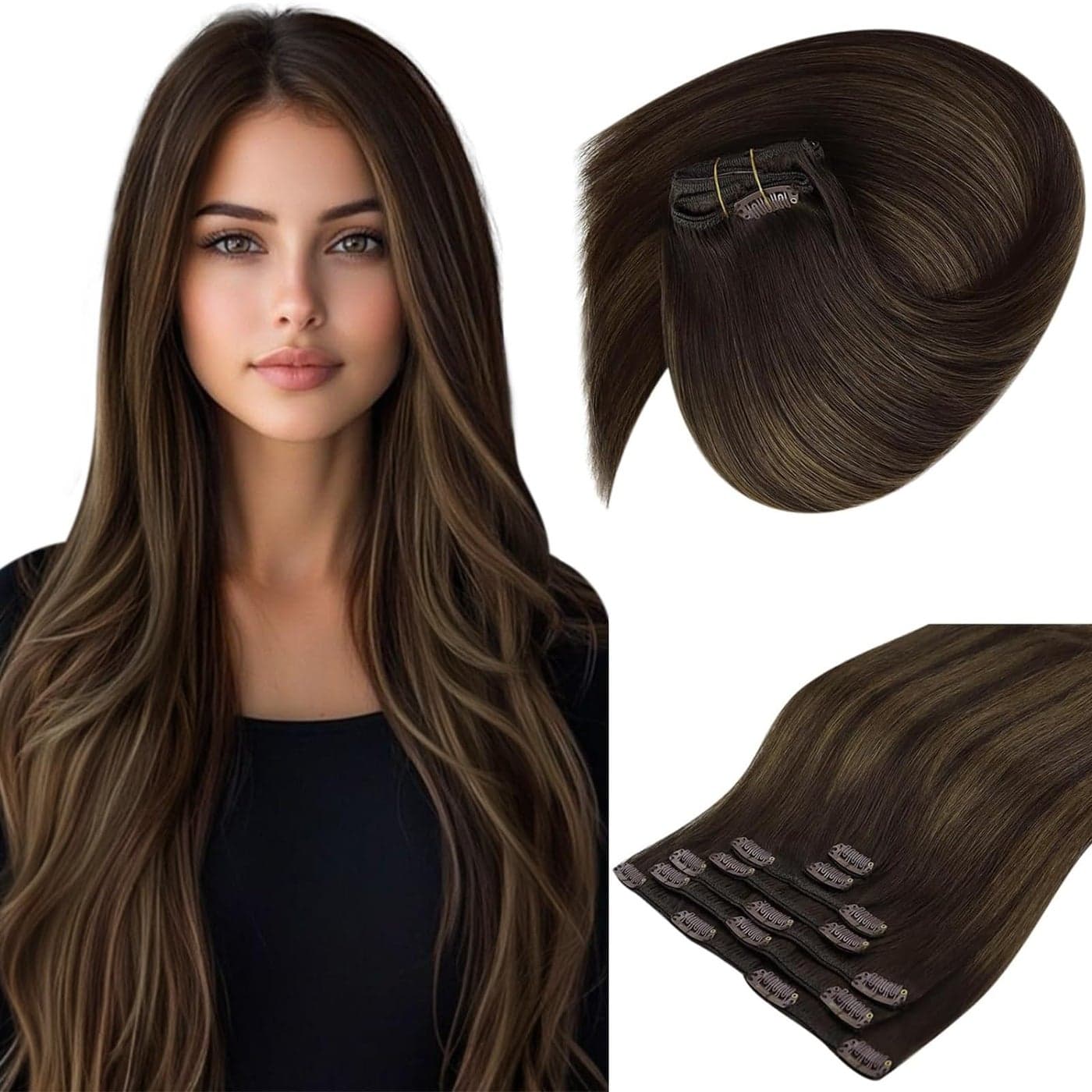 Sunny Hair Clip in Hair Extensions Straight Human Hair Clip in Extensions Remy Clip in Hair Extensions Real Human Hair Extensions Clip ins Dark Brown Ombre Medium Brown Balayage 22inch