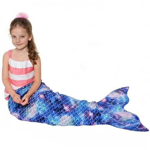 Catalonia Kids Mermaid Tail Blanket Super Soft Plush Flannel Sleeping Snuggly Blanket for Girls Galaxy Fish Scale Pattern Kids Gift Idea