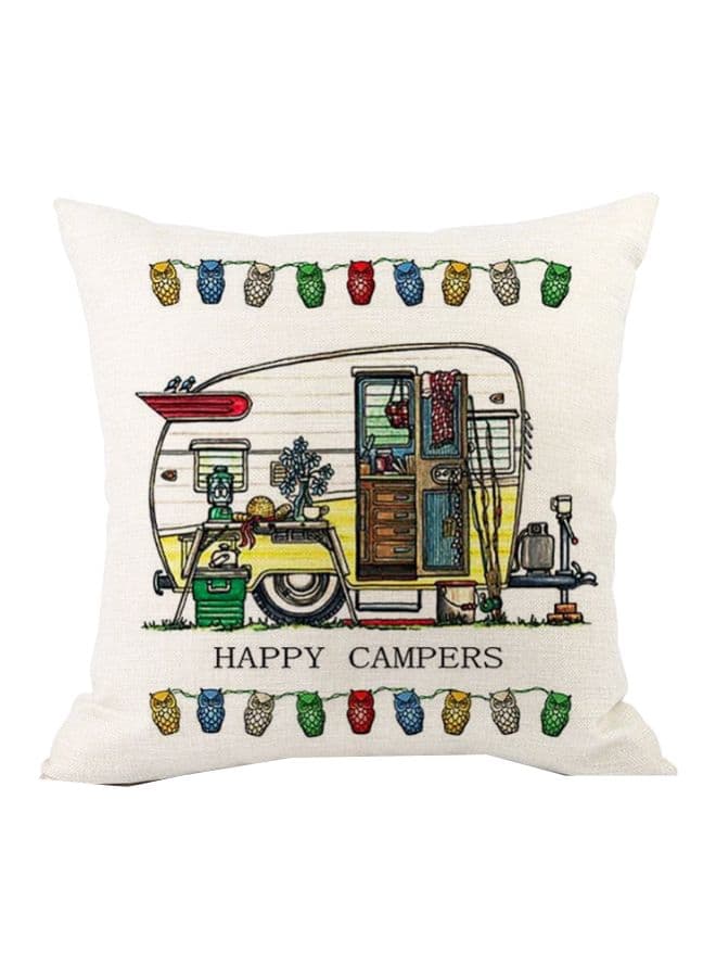 Happy Campers Printed Cushion Cover Beige/Yellow/Green 45x45cm