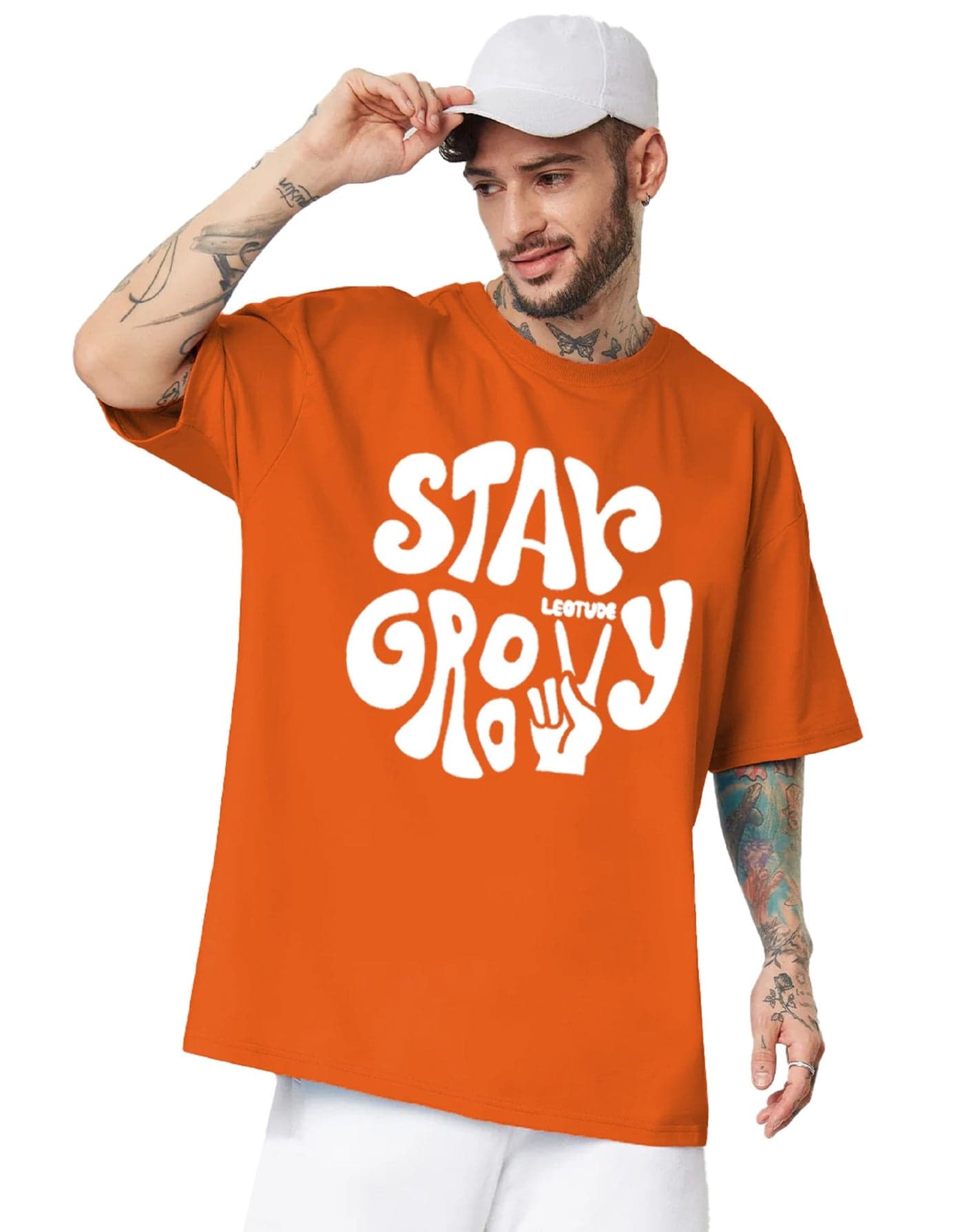 LEOTUDE Men's Oversize Round Neck Oversized Fit T-Shirt (Fs49_Men_Groovy_P_Orange1_Xl) Orange
