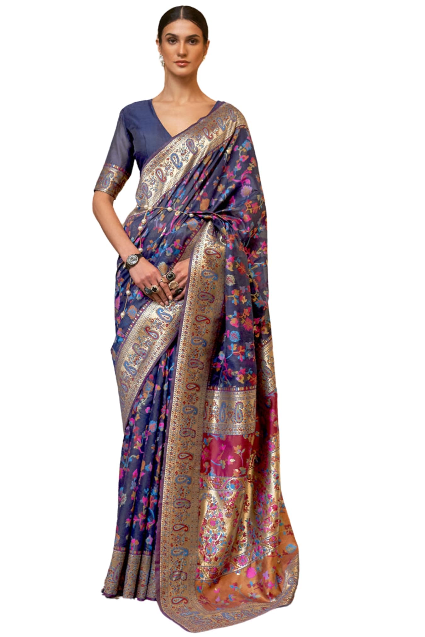 SGF11- Women's Kanjivaram Pure Soft Silk Handloom Saree Pure Golden Zari With Blouse Piece (Dark Blue Kashmiri)