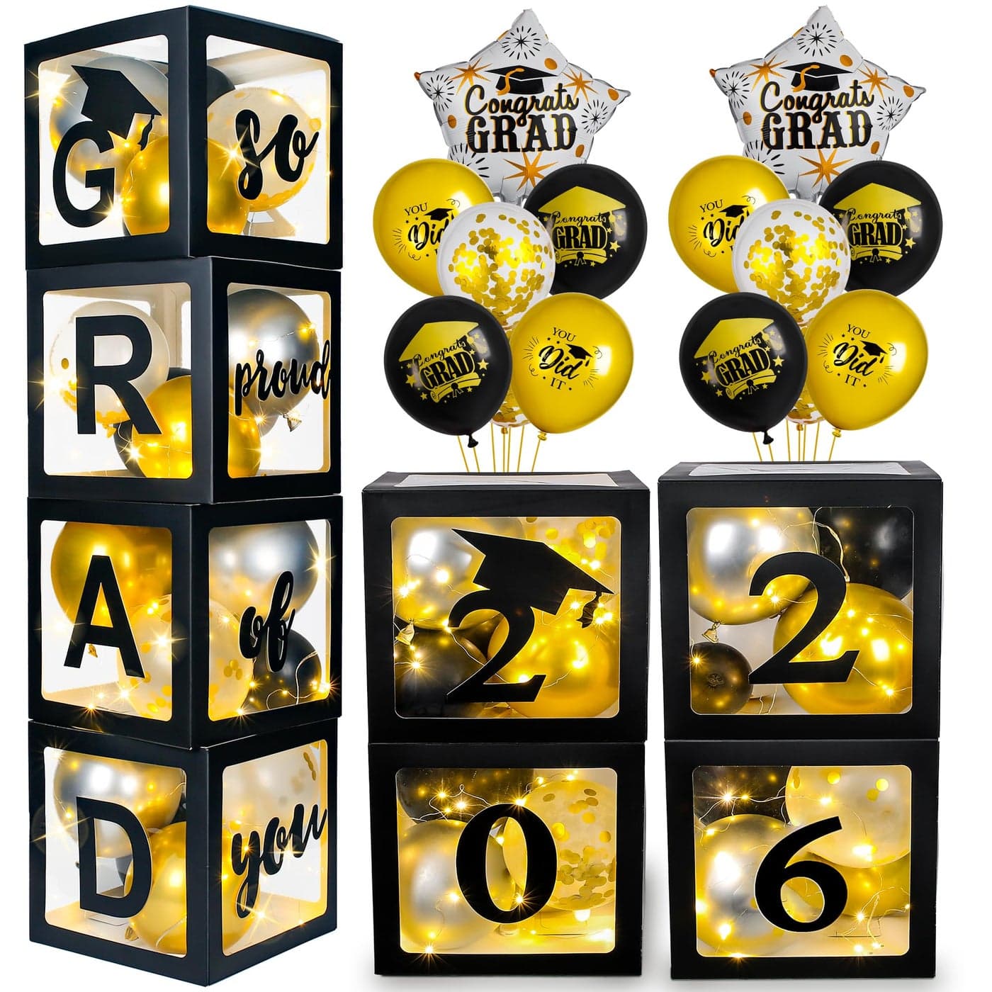 AYGXU Graduation Decorations 2026Graduation Party DecorationsGraduation Balloons Boxes4PCS with LED Light Strings Letters 2026 GRAD So Proud of YouParty Favors For Any Grades Class