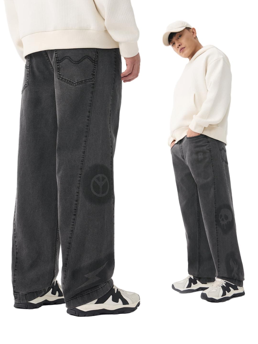 The Souled Store Shadow Drift Men and Boys Zip Fly Charcoal Grey Washed Cotton Spandex Lightweight Comfortable Everyday Baggy Fit Denim Jeans