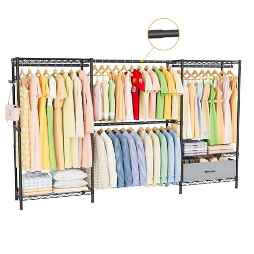 Golpart Coat Rack Clothes Wardrobe:Closet Organizer and Storage Clothing Garment Rack with Shelves Heavy Duty for Hanging Clothes Portable Adjustable Black 15.8" DX69 WX76.5 H