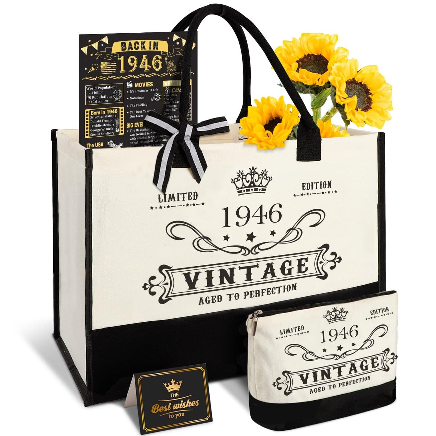 YeohJoy 80th Birthday Gifts for Women Canvas Tote Bag Travel Gear Unique 80 Years Old Birthday Gifts for Mom Wife Aunt Friends Her Vintage 1946 Handbag Cosmetic Bag Back in 1946 Poster