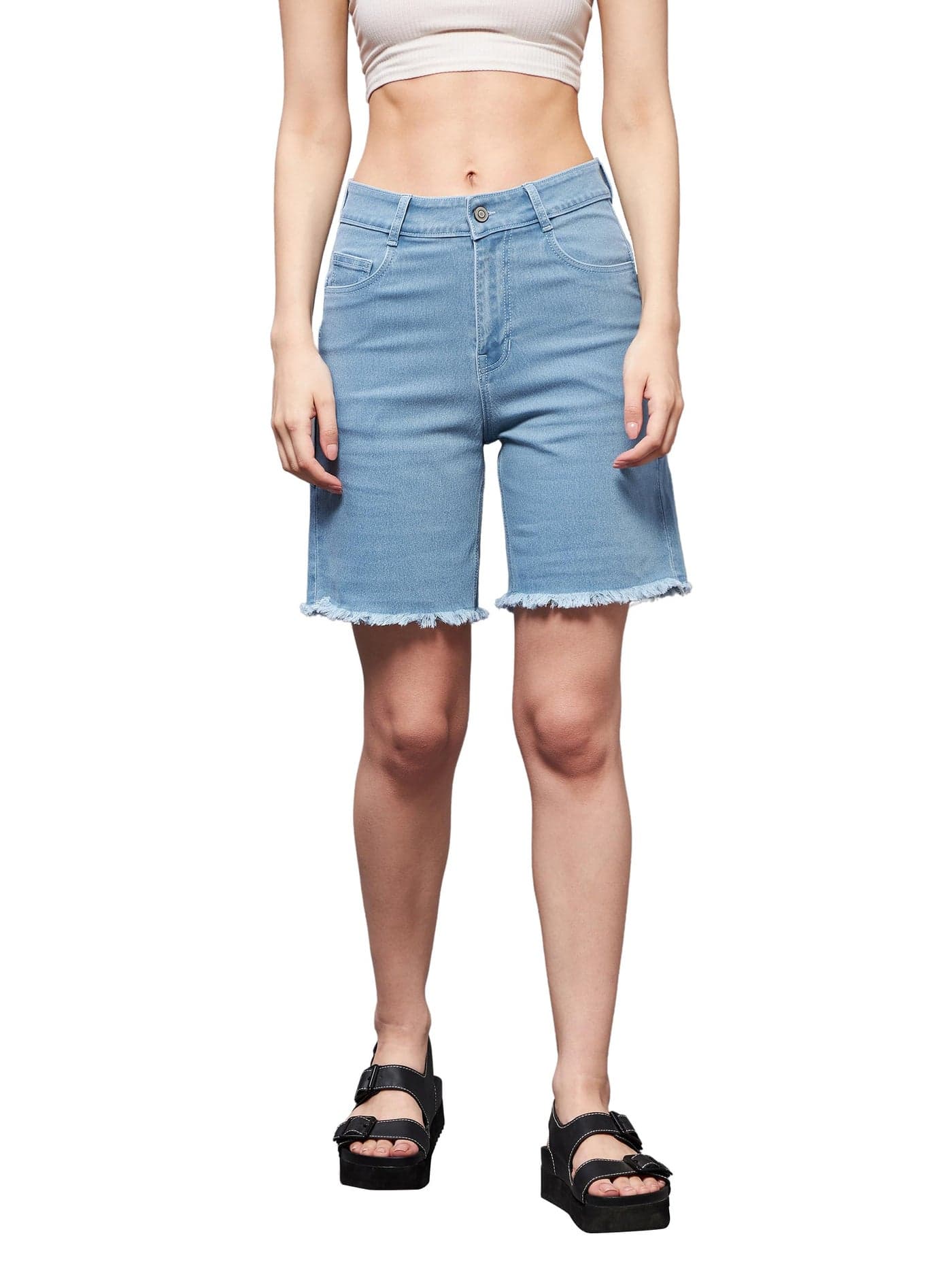 Miss Chase Women's Regular High Rise Above Knee Stretchable Denim Shorts (MCSS22DEN09-06-158-38, Light Blue, 38)
