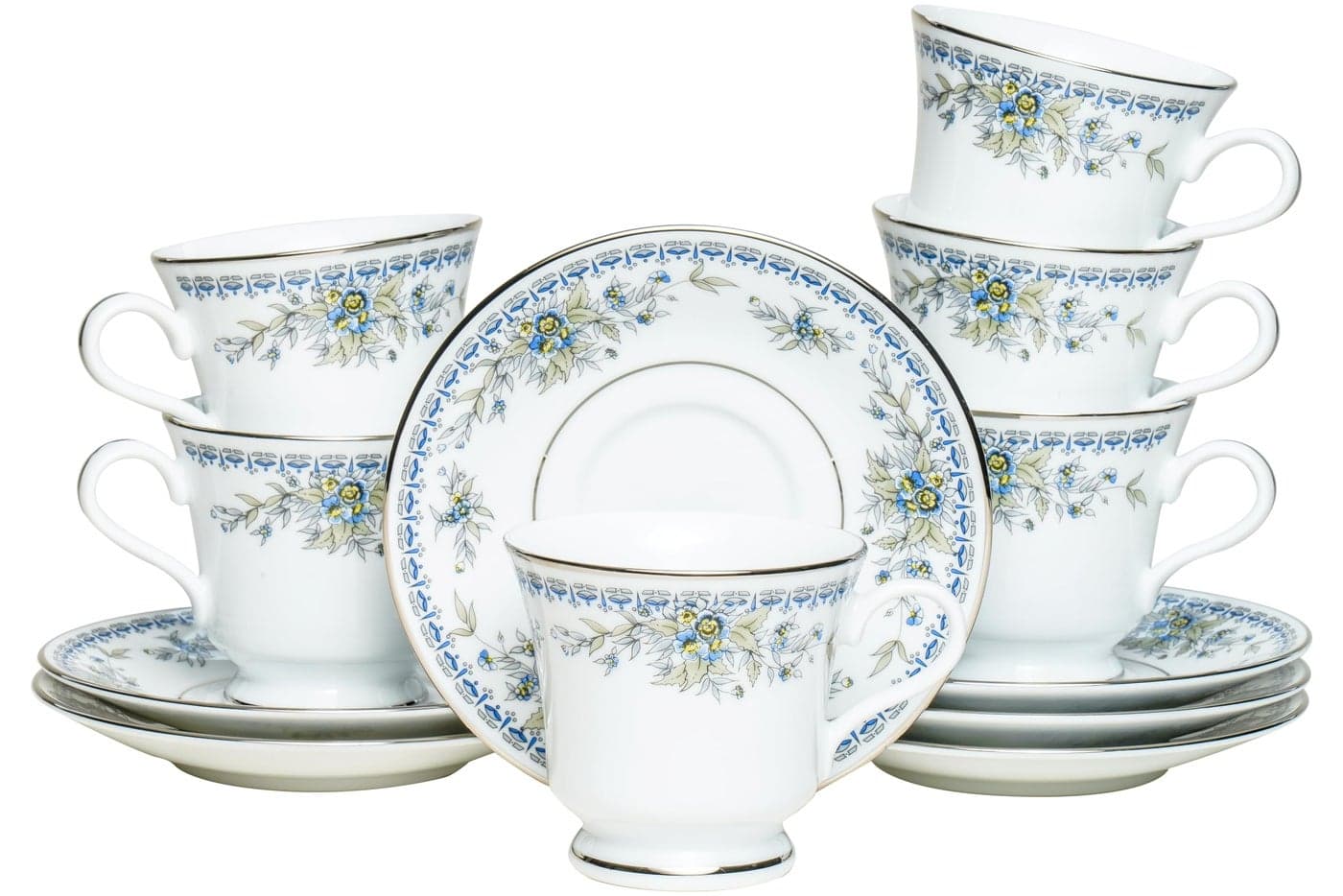 Dankotuwa Fine Porcelain Service for 6 Platinum Craft Tea/Coffee Cup and Saucer Set | Vegan, Scratch Resistant and Light Weight | Gift for Anniversary Housewarming12 Pieces 210 ml (Treasure Blue)