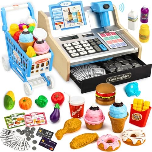 Wooden Cash Register for Kids with Shopping Cart Rechargeable Kid Cash Register with Scanner Gift for Kids Age 3 4 5 6 7 8 9 Year Old Pretend Play for Toddlers Toys for 312 Year Old Boys