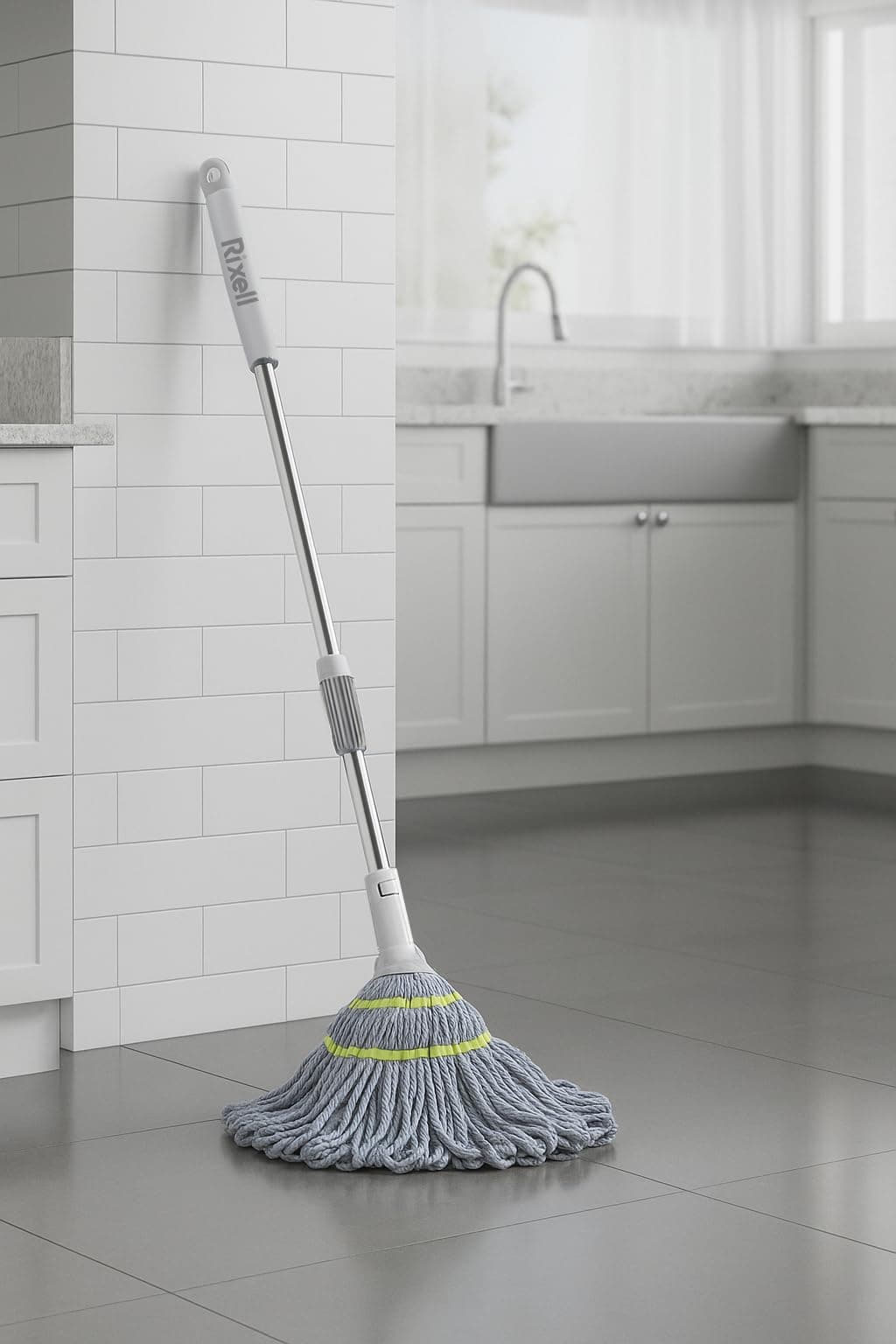 RIXELL Microfiber Twist Mop with Adjustable Stainless Steel Handle, Grey Cotton Head with Lime Green Accents, Squeeze Mechanism for Hardwood, Tile and Laminate Floors
