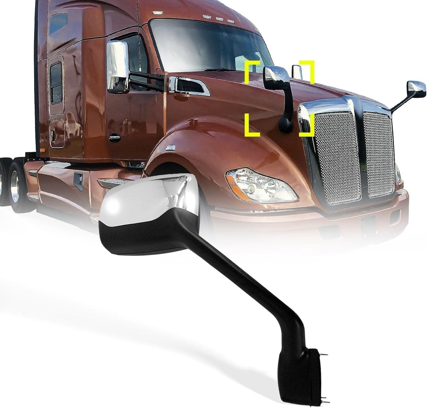 High Soar Chrome Hood Mirror Assembly for Kenworth T680 and Peterbilt 579/587, Right Side