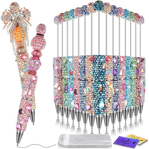 Tondiamo 45 Pcs Full Rhinestone Beadable Pens Bulk Set 15 Glitter Diamond Pens with Cards Bags Fancy Beaded Pen for Beads DIY Cute Journalling Bling Ballpoint Craft MakingShell Diamonds