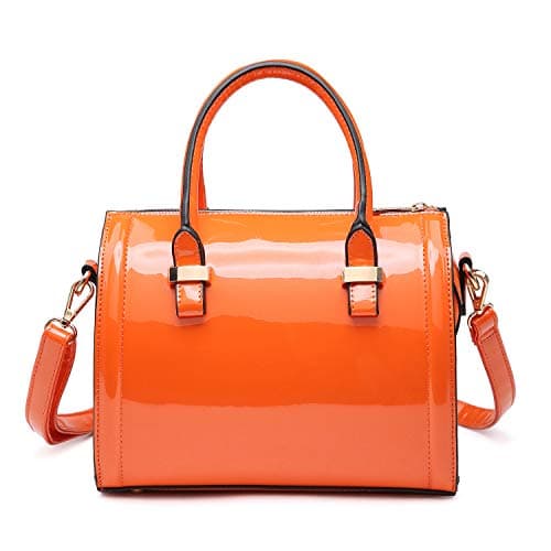 Dasein Shiny Patent Faux Leather Mini Barrel Body Satchel Handbag Shoulder Bag - Orange-new