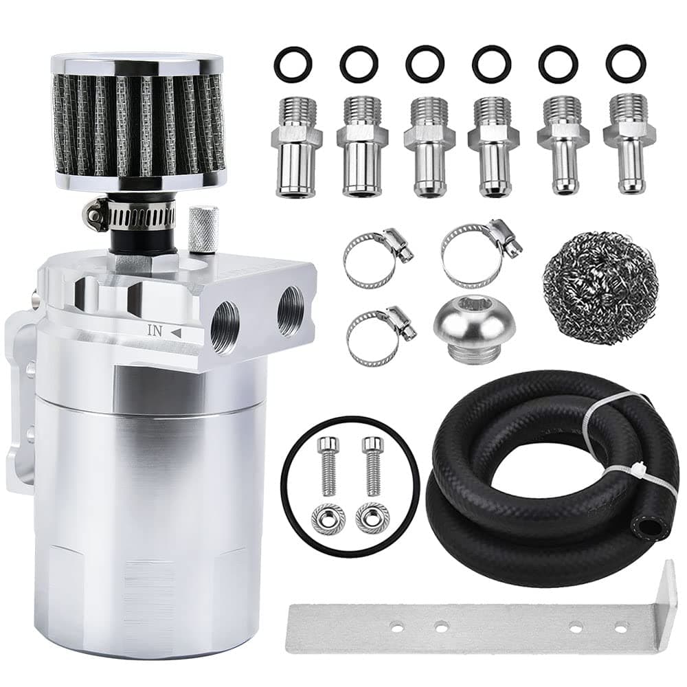EVIL ENERGY Oil Catch Can Universal Baffled Catch Can Kit with Breather Filter 300ml Aluminum Air Oil Separator Tank NBR Fuel Hose Kits for PCV System Silver