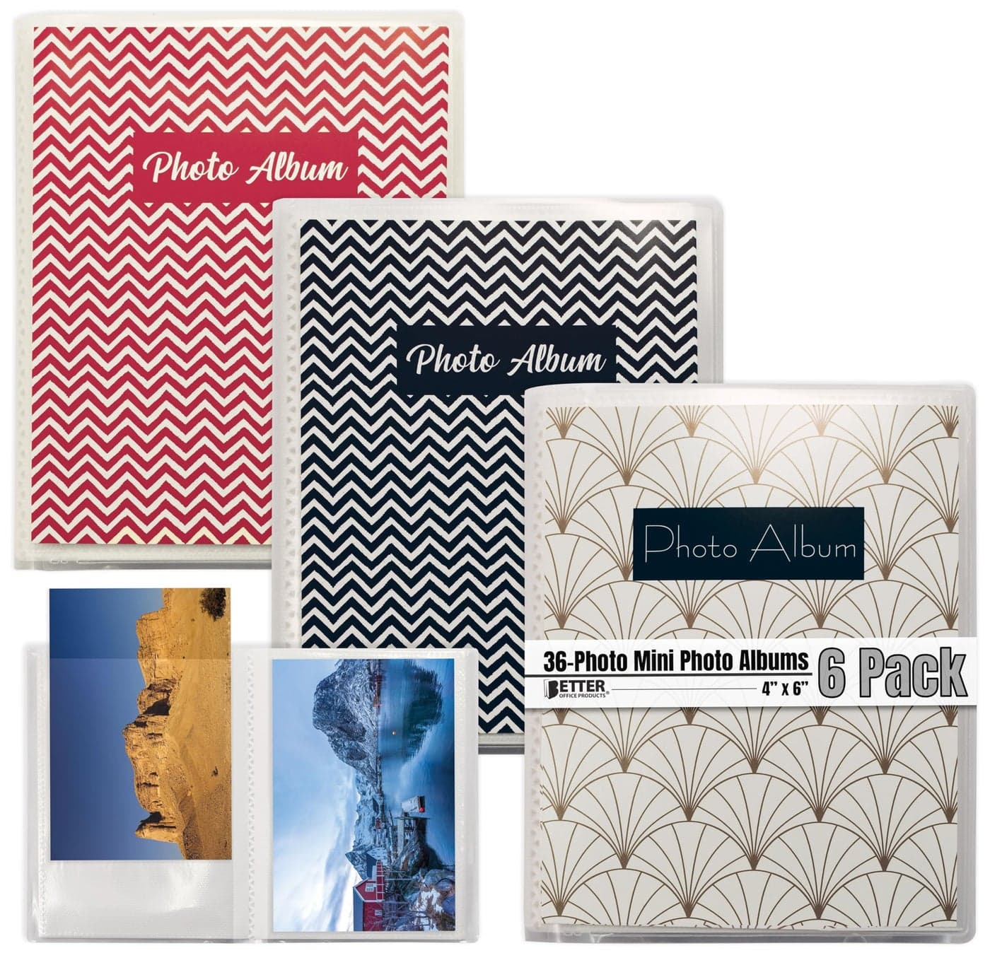 48 Photo Mini Photo Album, 4 x 6 Inch, Pack of 6, Clear View Cover with Removable Decorative Inserts, by Better Office Products, Holds 48 Photos, 6 Pack