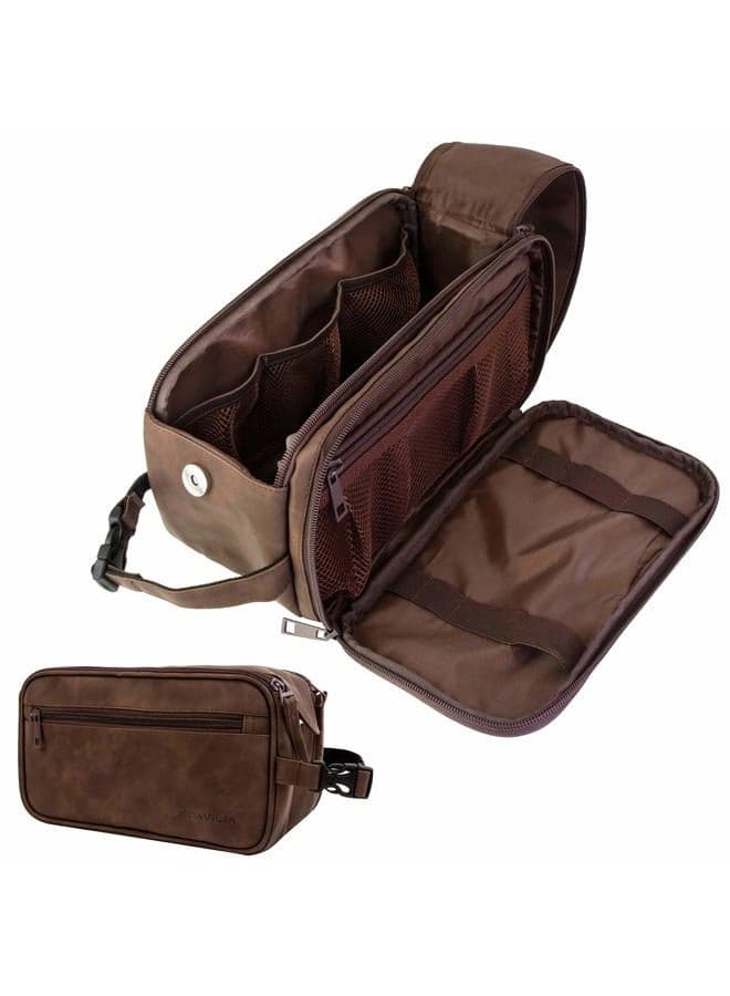 Toiletry Bag for Men, Travel Essentials Shaving Dopp Kit, Mens Travel Bag Toiletries Organizer Case for Grooming, PU Leather Water Resistant Cosmetic Bag Pouch (Dark Brown)