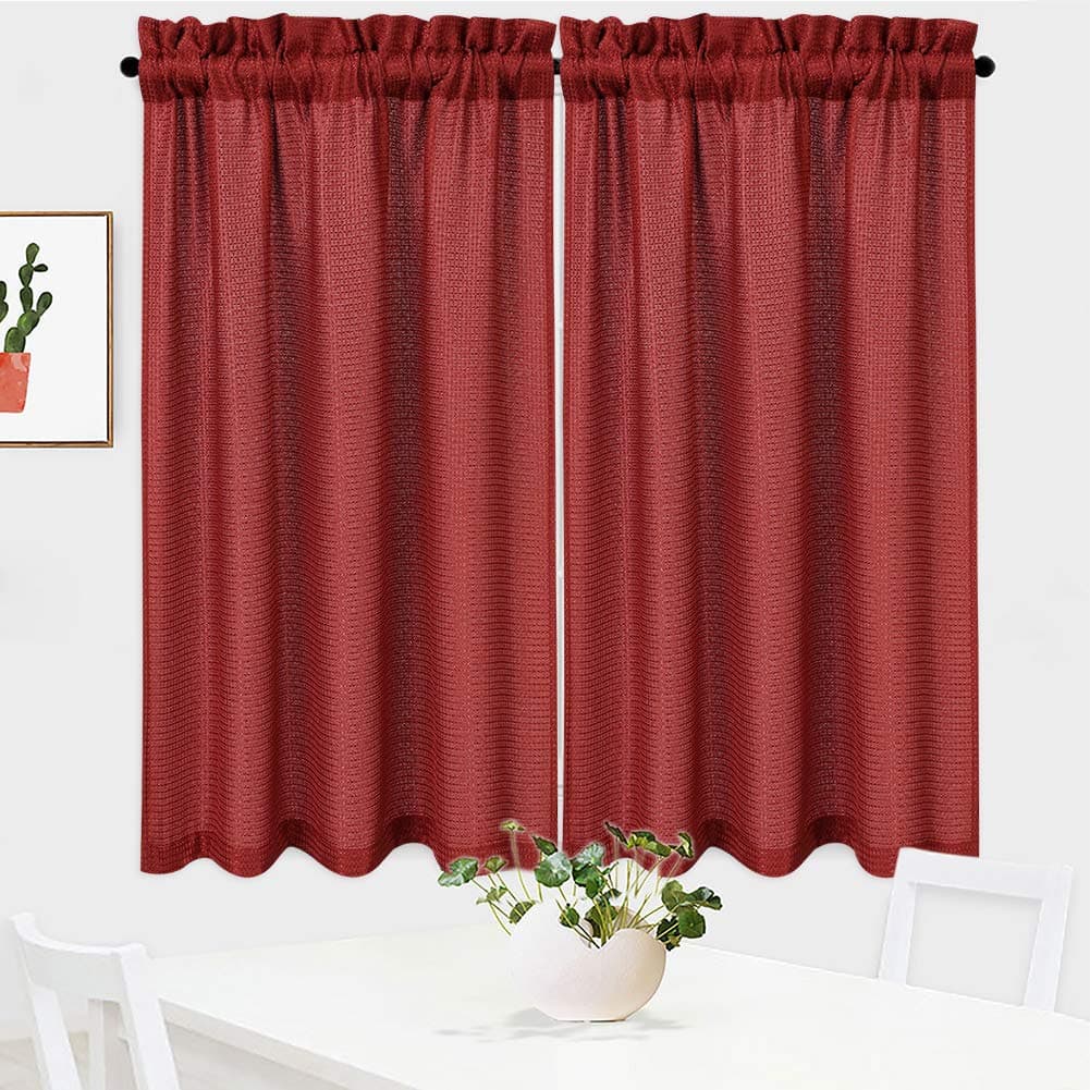 NANAN Waffle Kitchen Curtains 45 inch Long Casual Weave Small Window Curtain Kitchen Bathroom Basement Bedroom Drapes 30 x 45 Burgundy Set of 2