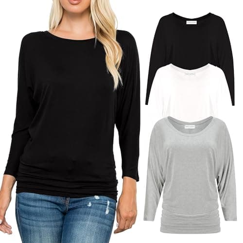 Free to Live 3 Pack Dolman 3/4 Sleeve Business Casual Tops for Women Shirts Fall Dressy Tunic (Medium, Black, Heather Grey,White)