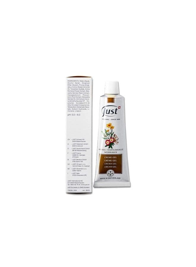 Swiss Just Arnica Gel, Arnica Creamy Gel 60g. Arnica Cream w/Devils Claw & Frankincense Oil. A Gentle Massage Cream on Wrists, Fingers, Knees, Ankles, Joints, Waist, Neck, and Back.