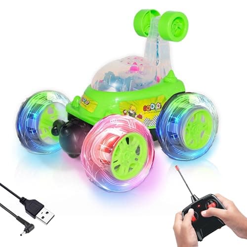 Gooyo GY-9514 360° Rotating & Rolling Stunt Car Toy with Light & Music Feature | Spin, Stunt, Flip Functions | Remote Control Stunt Car Toy for Kids | Green | in-Built Battery | Gift Box Packaging