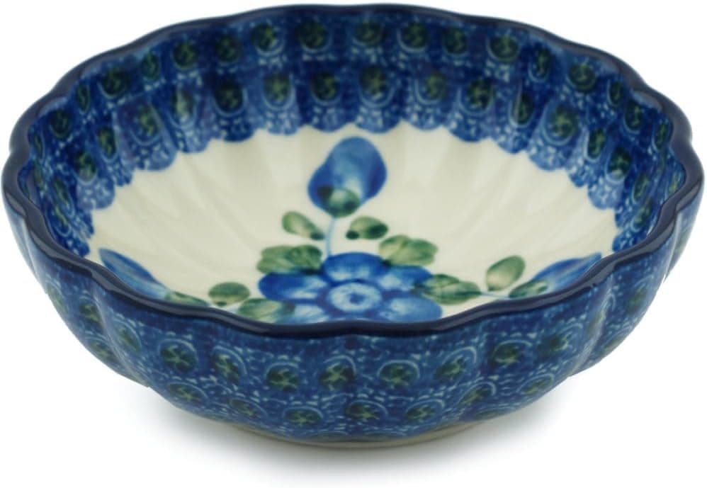 Authentic Polish Pottery Bowl 5inch in Blue Poppies Design Handmade in Bolesawiec Poland by Ceramika Artystyczna Certificate of Authenticity